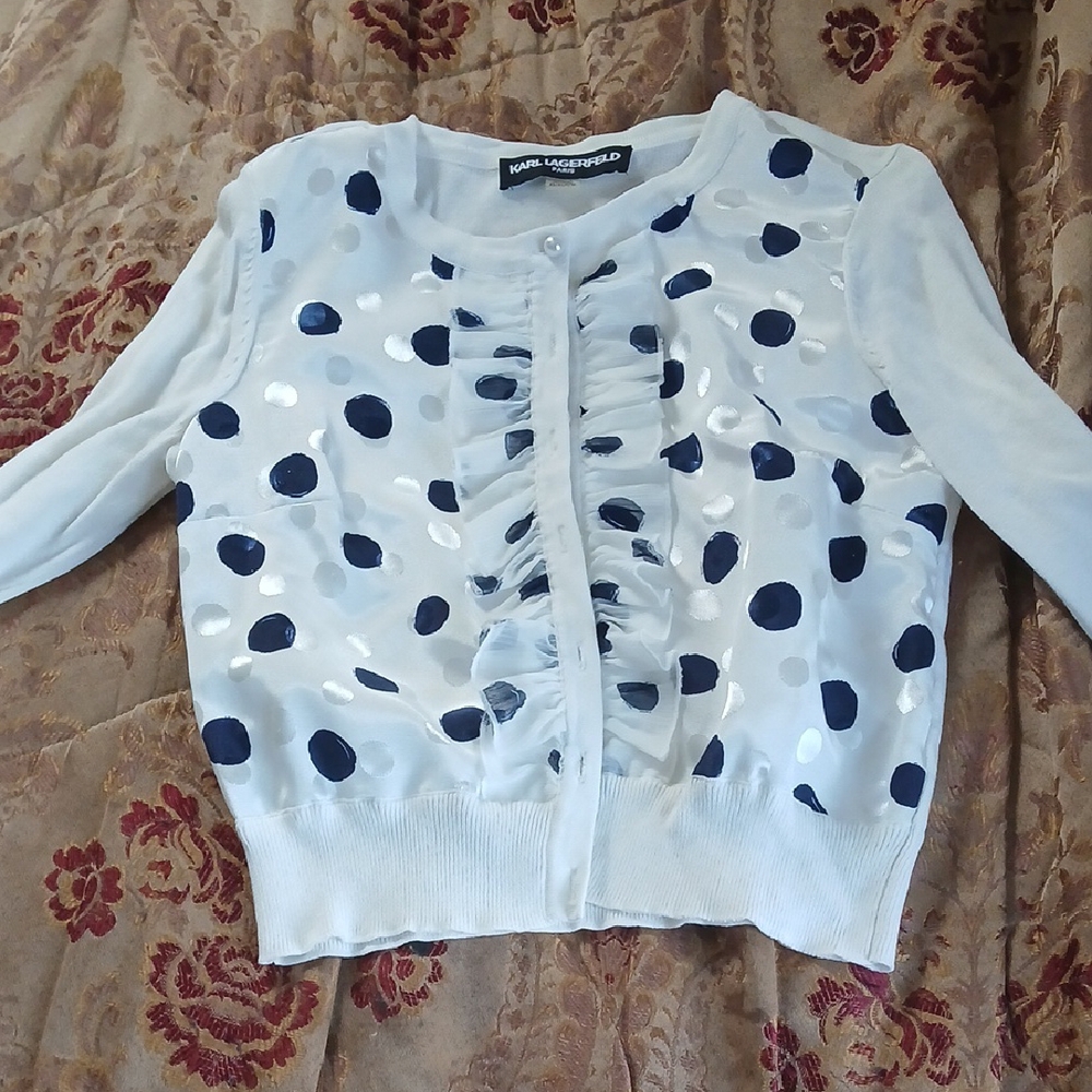 Karl Lagerfeld Blue and White Polka Dot Cardigan